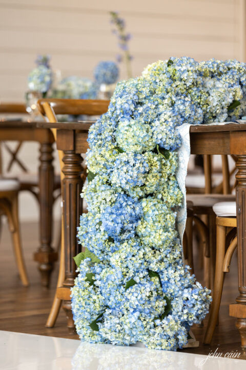 Blue and green hydrangea cascade designed by Sage Fine Flowers